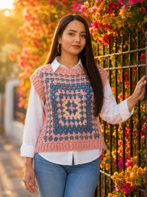 Pink & Blue Crochet Vest Top