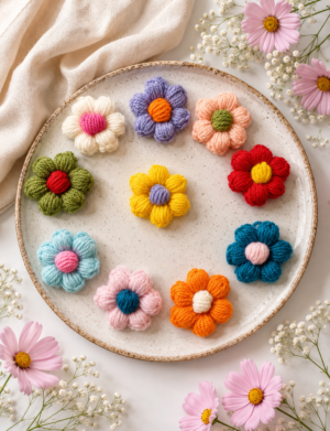 Crochet Puff Flower, Multicolored, Set of 10