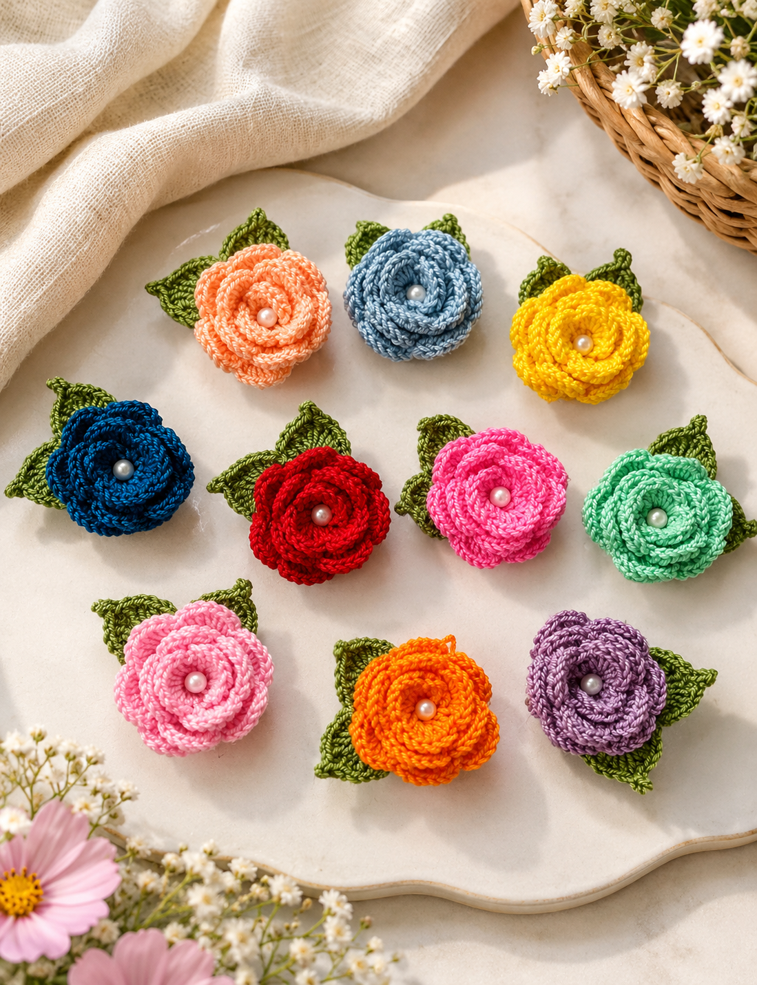 ChatGPT Image Sep 11, 2026, 09_49_01 PM Crochet Rose Leaves Flower, Multicolored, 10 pcs - Image 1