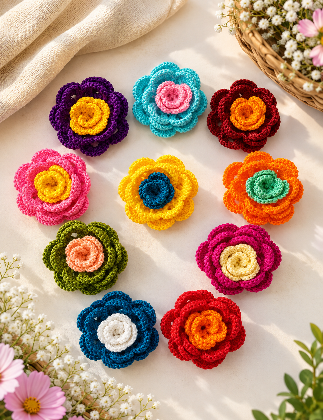 ChatGPT Image Sep 11, 2026, 09_50_15 PM Crochet 3D flower, Multicolor, Set of 5/10 - Image 1