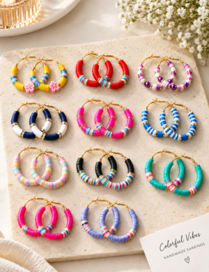 Handmade Clay Beads Hoop Earrings, 3 Pair.