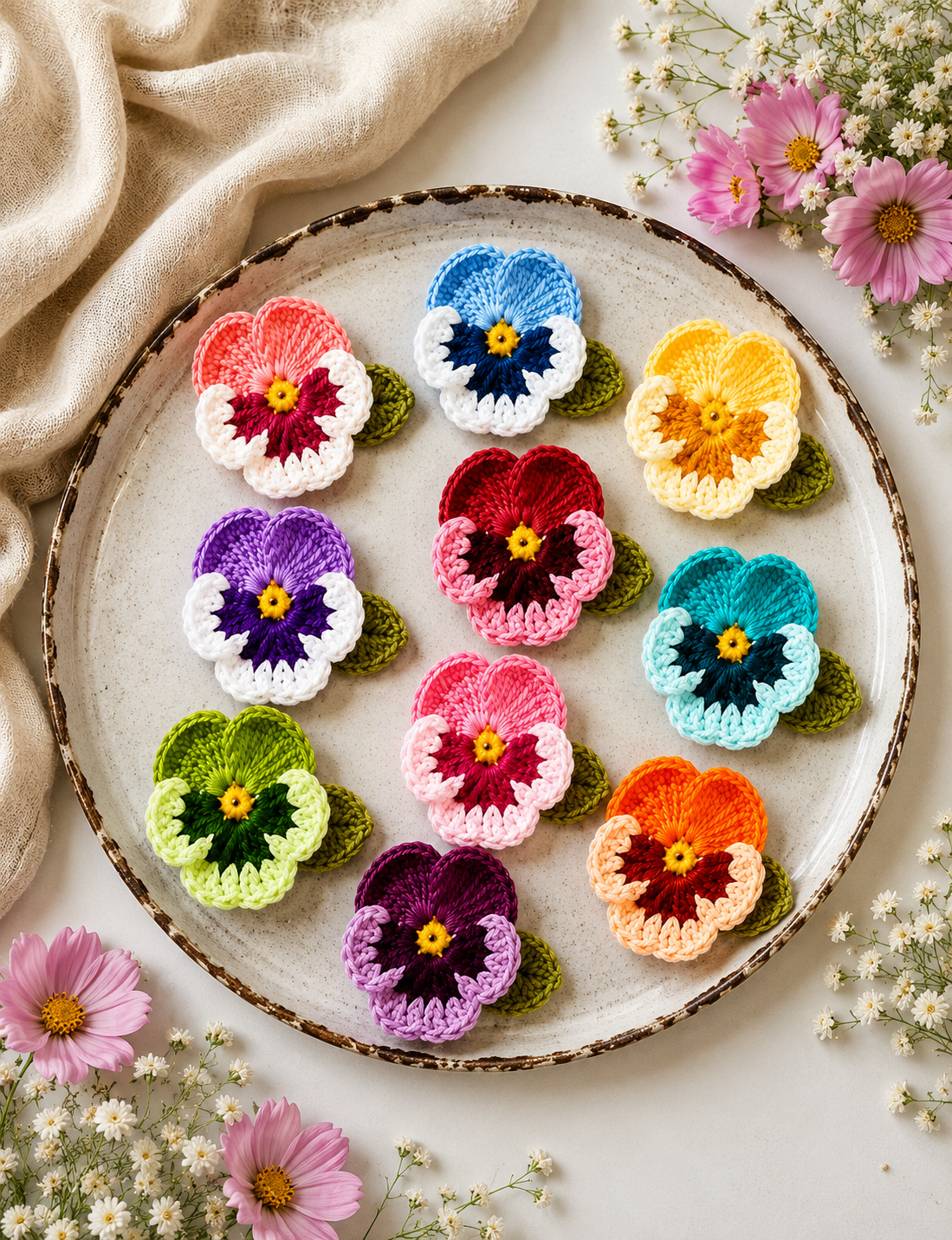 colourful Pansies Crochet Pansy Flowers, Colorful Floral, 10Pcs - Image 1
